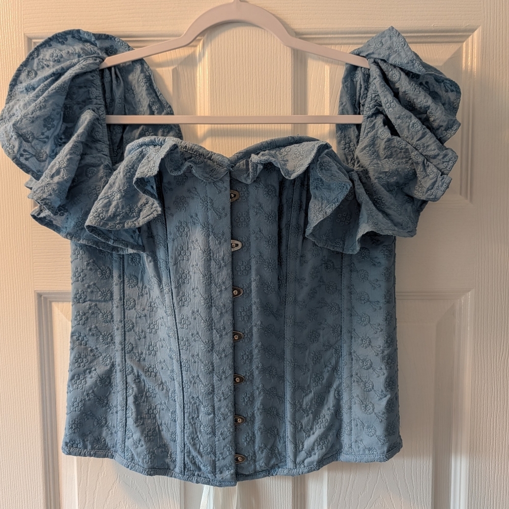 Corset Story Blue Eyelet Flutter Sleeve Lace Up Corset Tank Top Size UK 20